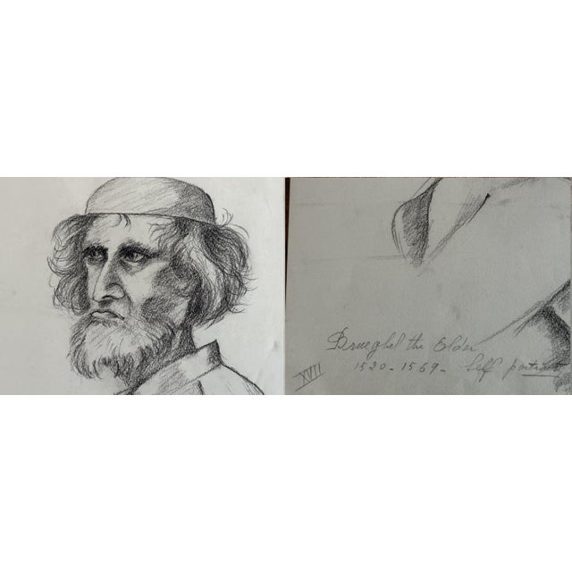 Art Deco Mid 20th Century Old Master Artwork Drawings: Leonardo, Bruegel, Van Eyck, Clouet, Watteau (Set of 5) - Unknown Artist For Sale - Image 3 of 9