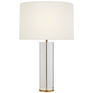 AERIN by Visual Comfort Signature Lineham 29.5" Cordless Table Lamp in Crystal and Hand-Rubbed Antique Brass with Linen Shade For Sale