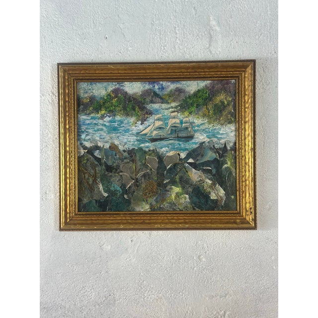 This is a framed mixed-media artwork depicting a sailing ship on choppy water, set against a lush, impressionistic...