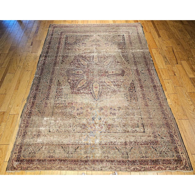 Textile 19th Century Persian Kerman Lavar Rug, Hand-Knotted Wool, Floral Pattern, Ivory & Burgundy, 9x13 For Sale - Image 7 of 15