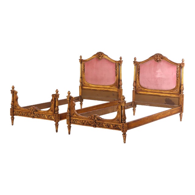 A Pair of French Louis XVI Style Carved Giltwood Twin Beds, C. 1920. For Sale