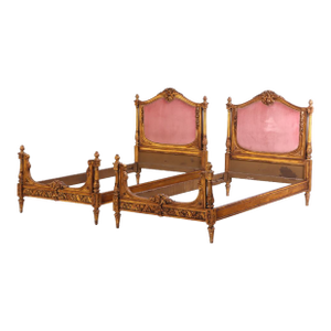 A Pair of French Louis XVI Style Carved Giltwood Twin Beds, C. 1920.