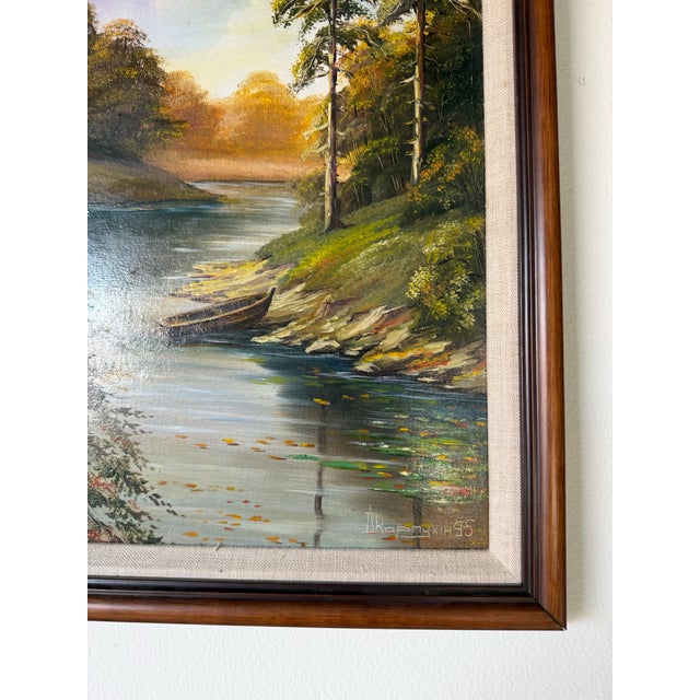 Green 1995 Vintage River Landscape Oil on Masonite Painting, Signed & Framed For Sale - Image 8 of 12