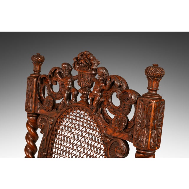 Brown Set of 2 Antique 18th Century Jacobean Stuart Baroque Styled Hand-Carved Armchairs in Oak & Cane, England, Circa 1890s For Sale - Image 8 of 12
