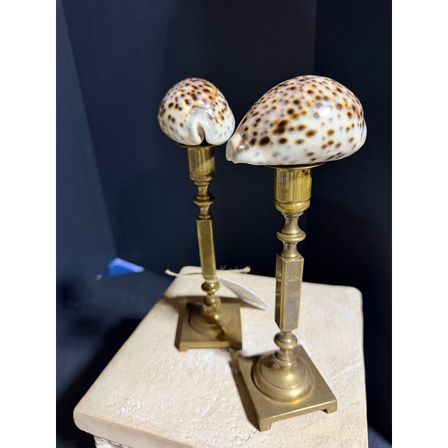 Celestial Meets the Sea Shell Topped Brass Candlesticks-Coastal Art Sculpture For Sale - Image 4 of 5