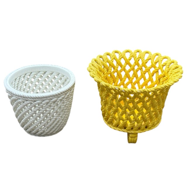 Vintage Ceramic Woven Cachepots Yellow & White For Sale In Phoenix - Image 6 of 7