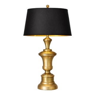 Vintage Sunlit Brass Baluster Table Lamp With Black & Gold Lined Drum Shade — 27” H For Sale