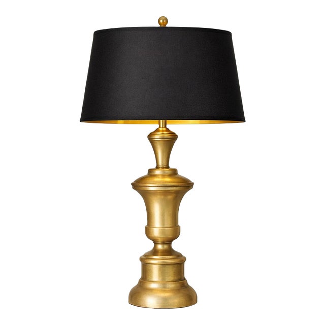 Vintage Sunlit Brass Baluster Table Lamp With Black & Gold Lined Drum Shade — 27” H For Sale