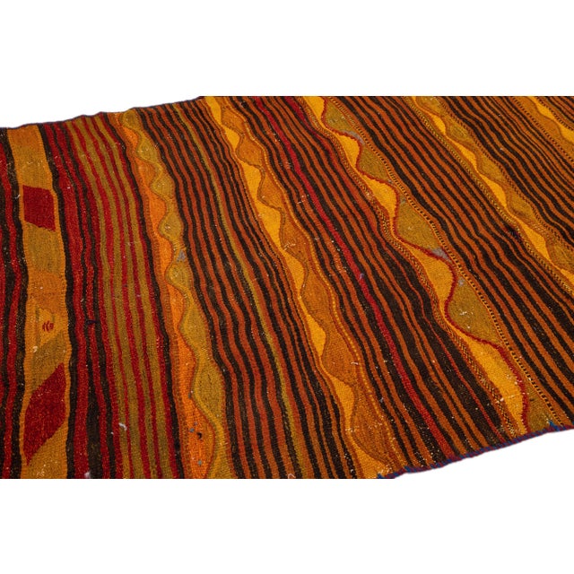 Orange 1960s Vintage Turkish Kilim Orange Handmade Stripe Wool Rug For Sale - Image 8 of 10