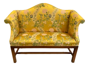 Early 20th Century Chippendale Camelback Scroll Arm Settee in Golden and Pink Famille Rose Chinoiserie Silk Brocade