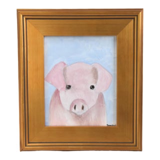 Folk Art Farmhouse Pink Pig Piggy Oil Painting Including the Antiqued Gold Wood Frame For Sale