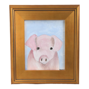 Folk Art Farmhouse Pink Pig Piggy Oil Painting Including the Antiqued Gold Wood Frame