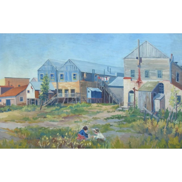 Listed Artist Joseph Zeller Buildings & Meadow With Children Landscape Oil Painting W/ Frame For Sale - Image 10 of 13