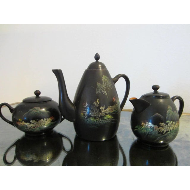 Antique Chinoiserie Black and Gold Hand Painted Lacquer Tea Set- 18 Pieces For Sale In Los Angeles - Image 6 of 17