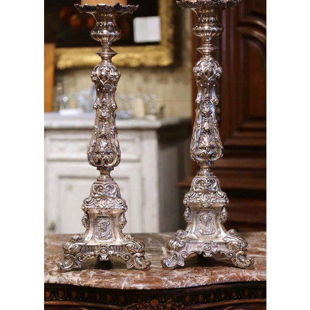 French Pair of 19th Century French Carved Repousse Silver Plated Brass Candle Holders For Sale - Image 3 of 13