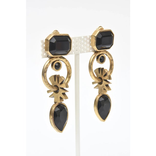 Black Vintage Black Glass and Gold Plated and Hammered Dangler Clip on Earrings 1980's Pair Of For Sale - Image 8 of 8