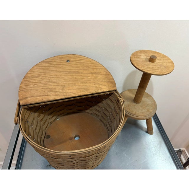 Rustic Longaberger Hinge-Top Sewing Basket on Stand For Sale - Image 3 of 5