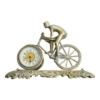 Antique Brass Cyclist Bicycle Clock British United Clock Co Victorian Working For Sale