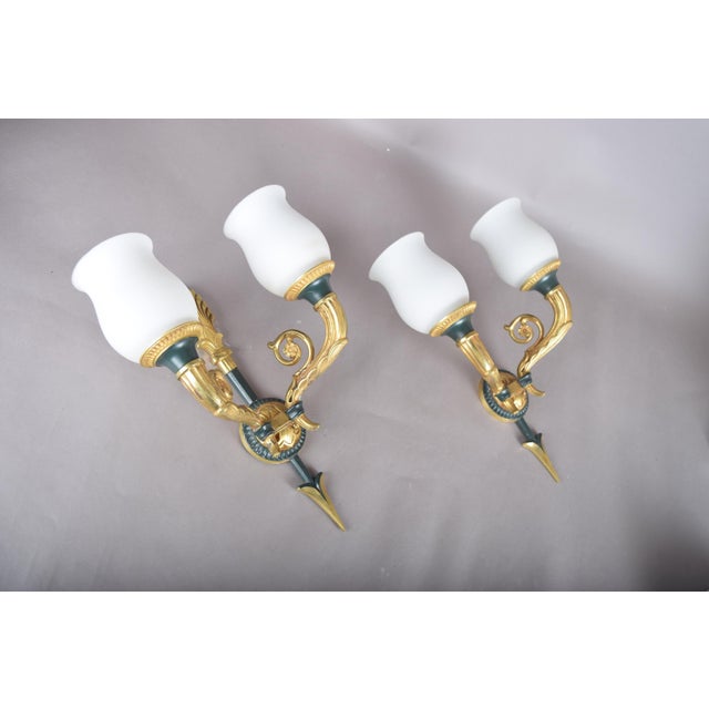 1950s Gilt Bronze Double-Arm Wall Sconces with Frosted Glass Shades, 1950s, Set of 2 For Sale - Image 5 of 18