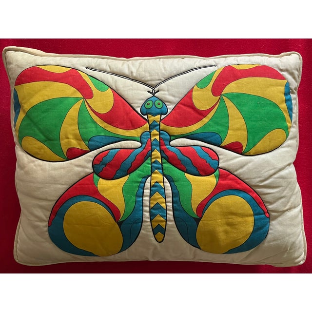 Red Mid-Century Modern Rectangular Accent Pillow With Quilted Mod Graphic Butterfly Design Circa 1970 For Sale - Image 8 of 9