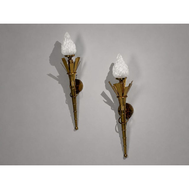 Neoclassical Mid 20th Century Neoclassical, Monumental Torchiere Wall Sconces, Brass, Glass - a Pair For Sale - Image 3 of 12