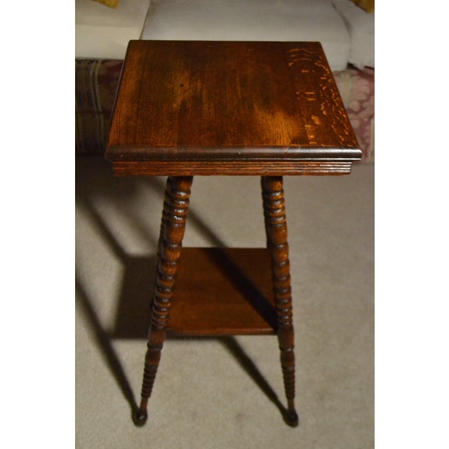 Victorian Antique Victorian Tiger Oak Parlor Side Table 2 Tier Eastlake Carved Spool Leg For Sale - Image 3 of 8