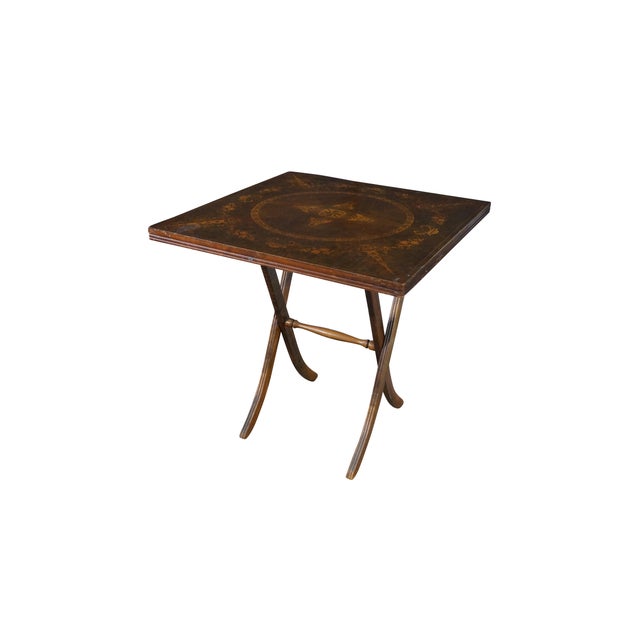 This vintage square folding card table blends elaborate Regency-style aesthetics with a highly functional, compact design...