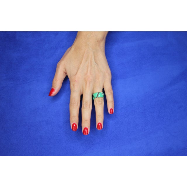 Black Diamond Green Enamel Eternity Band 18 Karat White Gold Unique Italian Ring, Size 5 For Sale - Image 13 of 18