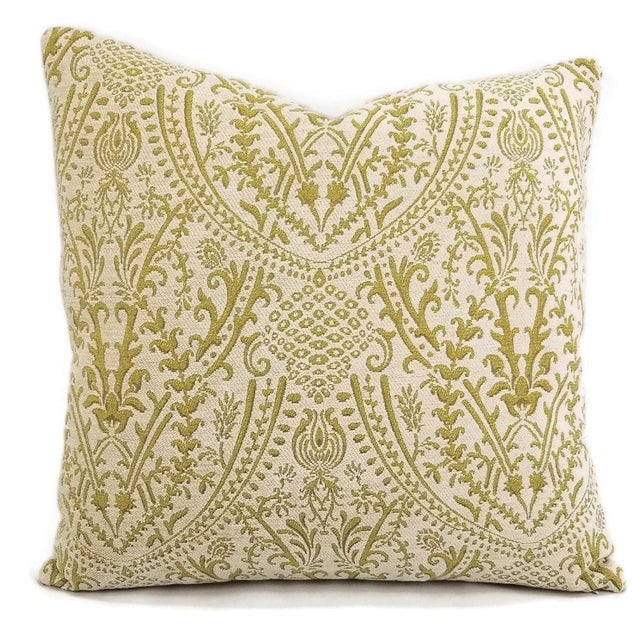 JF Fabrics Ian White Chenille and Chartreuse Damask Pillow Cover For Sale In Portland, OR - Image 6 of 6