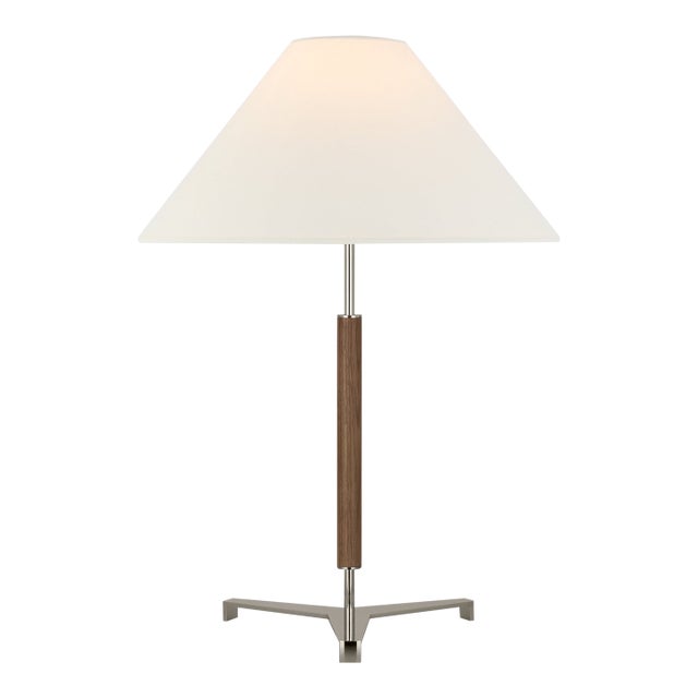 Ray Booth by Visual Comfort Signature Amaya 28" Table Lamp in Polished Nickel and Walnut with Linen Shade For Sale