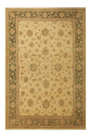 1990s Shabby Chic Kafkaz Beige/Green Wool Rug -10'0 X 13'8