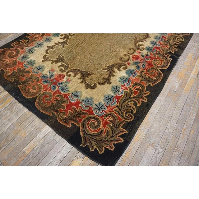 Beautiful Brown Color With Intricate Folk Art Pattern Antique American Hooked Rug For Sale - Image 11 of 12