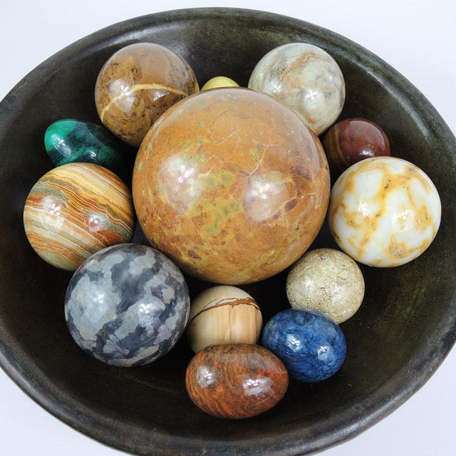Vintage Polished Stone Decorative Eggs & Orbs With Footed Metal Bowl