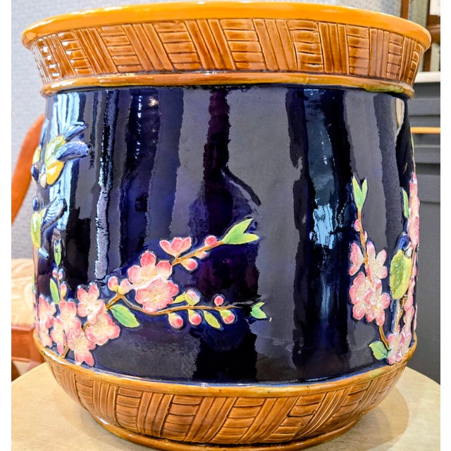 Late 19th Century Antique English Victorian George Jones & Sons Majolica Jardinière, Blue Birds & Blooms, Circa 1875 For Sale - Image 5 of 15