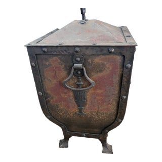Antique Decorated & Riveted Tole Coal Hod for Fireplace. Includes Inner Bucket and Tongs. For Sale