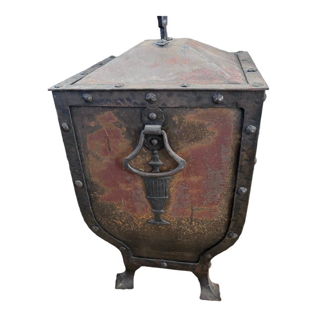 Antique Decorated & Riveted Tole Coal Hod for Fireplace. Includes Inner Bucket and Tongs. For Sale