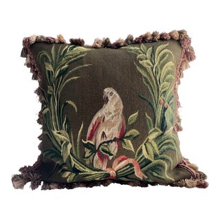 Vintage Large Aubusson Style Needlepoint Bird & Foliage Pillow With Tassle Trim For Sale