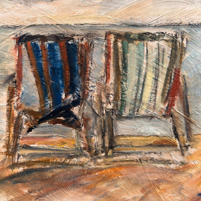 1990s Colorful Coastal Style Oil Painting With Two Striped Deck Chairs - Signed For Sale In New York - Image 6 of 6