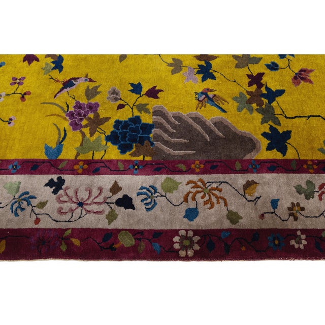 1920s Antique Chinese Art Deco "Peking" Gold Wool Area Rug Garden Motif (1920s) For Sale - Image 5 of 12
