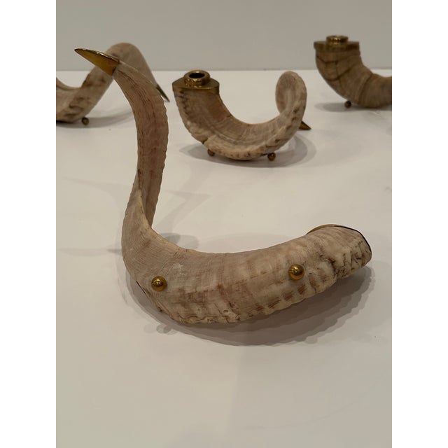 Bone Vintage Curly Ram Horn and Brass Candlesticks -Set of 4 For Sale - Image 7 of 11