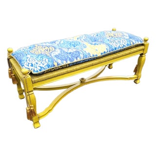 Vintage Hollywood Regency Rush Seat Bench With Tufted Cushion For Sale