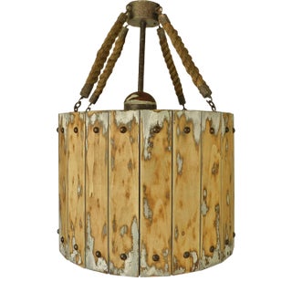 Custom Made Rustic Wooden Barrel Rope Farmhouse 3 Light Hanging Chandelier For Sale