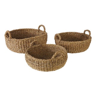 Seagrass Shallow Baskets With Handles, Set Of 3 For Sale
