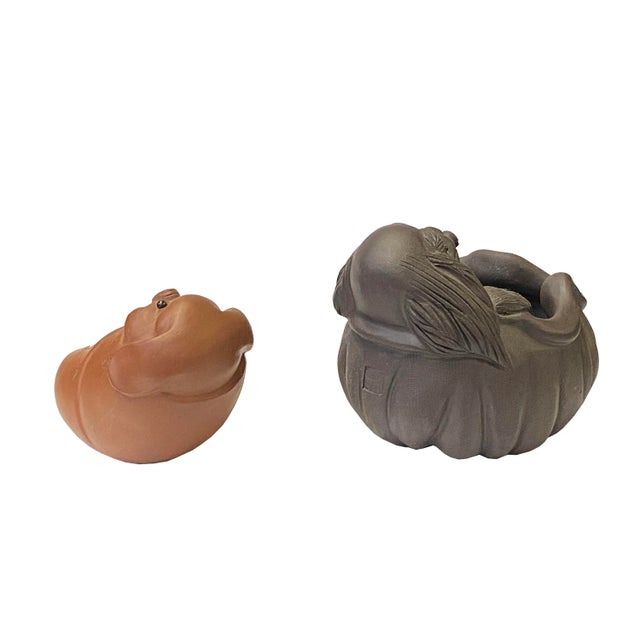 2010s Two Oriental Small Ceramic Animal Figures Display Art Puppy & Piggy For Sale - Image 5 of 7
