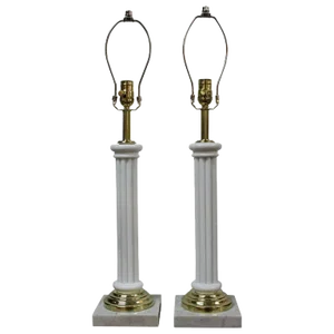 Glass Empire Column Lamps on Marble Bases - a Pair