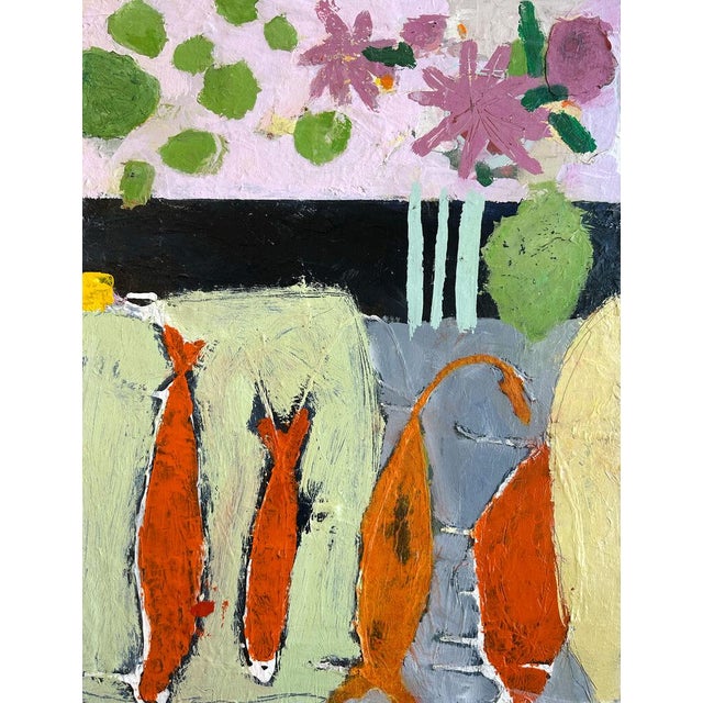 Four orange fish stand upright against a pale green and gray ground beneath a bold black band, with mauve flowers and soft...