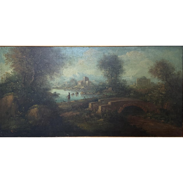 This vintage original large oil painting on canvas opens onto a broad natural setting with a calm body of water in the...