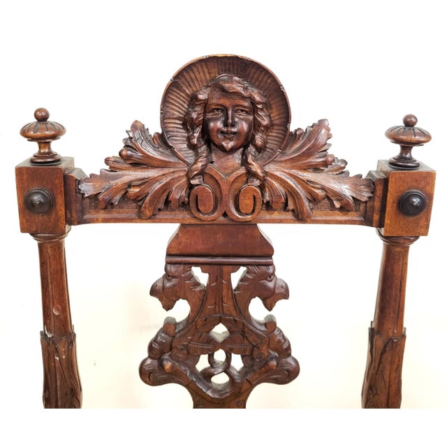 Pair Antique Italian Renaissance Carved Walnut Angels & Griffon Side Chairs For Sale - Image 12 of 18