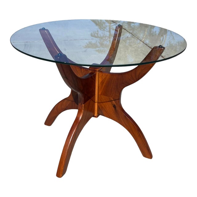 Vintage Mid Century Modern Spider Leg Accent Glass Top End Walnut Table in the Style of Adrian Pearsall 1960s Restored For Sale