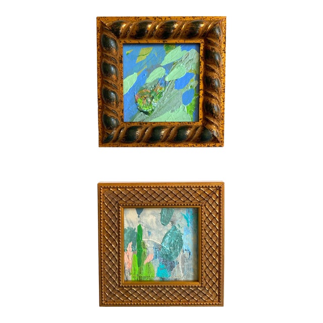 Pair of Blue Framed Mini Paintings by Jessalin Beutler For Sale